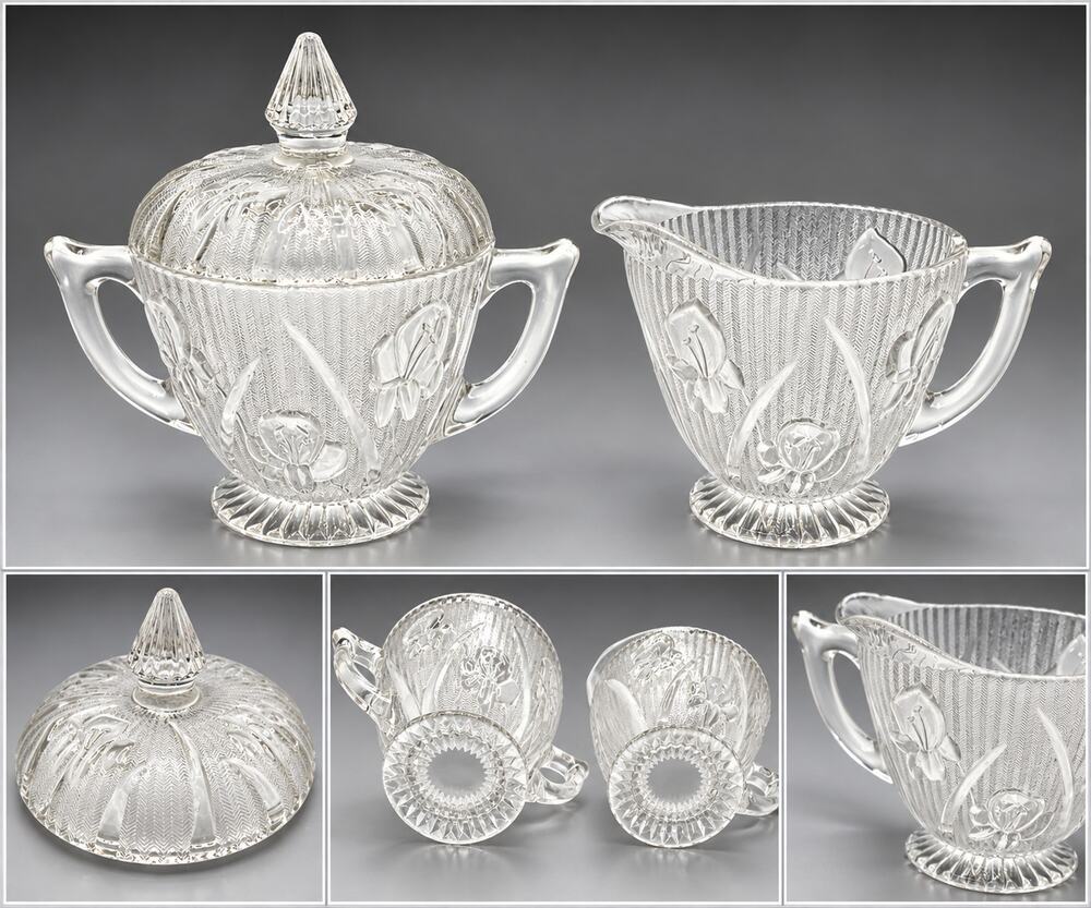 Vintage Jeannette Iris Herringbone Clear Glass Creamer and Sugar Bowl with Lid